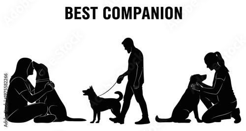 People bonding with dogs during leisure time against a white background