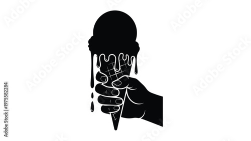 Hand holding a melting ice cream cone with dripping liquid isolated on a plain white background