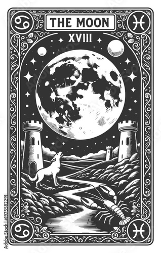 tarot card illustration featuring human-faced moon, stars, towers, dog and lobster, intuition, illusion, and mystery sketch engraving generative ai vector illustration. Scratch board. Black and white.