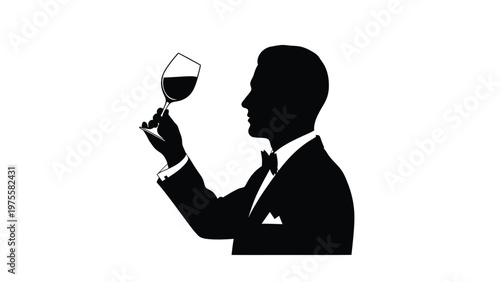 Man in tuxedo holding a glass of red wine silhouette isolated on white background