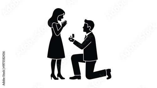 Man kneeling down proposing marriage to a woman with an engagement ring black silhouette