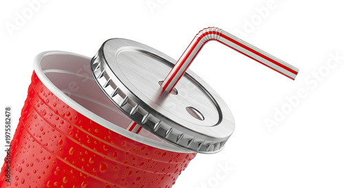 Red Plastic Cup with Lid and Striped Straw