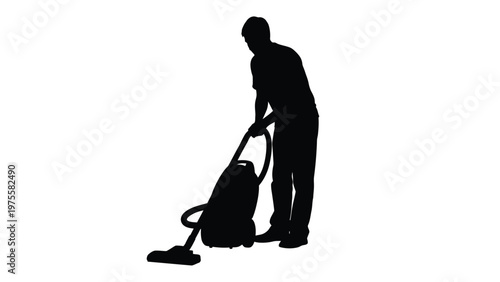 Man standing and using a vacuum cleaner to clean the floor isolated on a plain white background