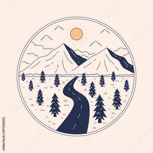 Mountain Road Landscape Badge – Minimalist Monoline Vector Illustration with Forest and Scenic Route