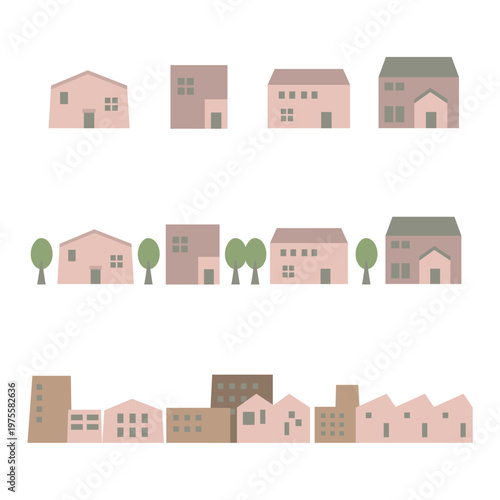 くすみカラーの家と街並みのアイコンイラスト素材