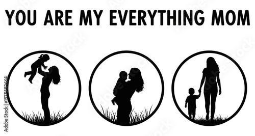 Motherhood silhouettes in circles with grass against a white background celebrating family love