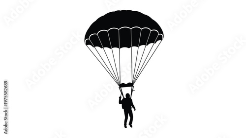 Parachutist silhouette descending with open parachute isolated on a plain white background