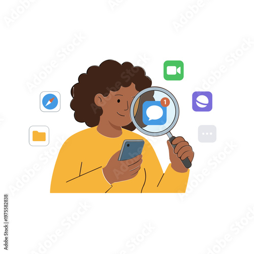 A woman examines a social media app on her smartphone with a magnifying glass.