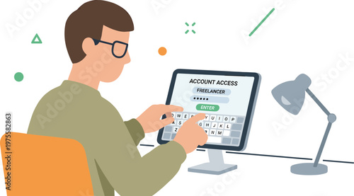 Man sitting at desk with computer and lamp working late