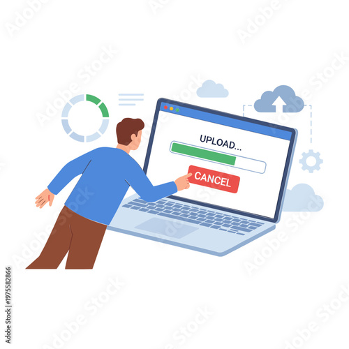 Man uploading file on laptop screen with progress bar and cancel button