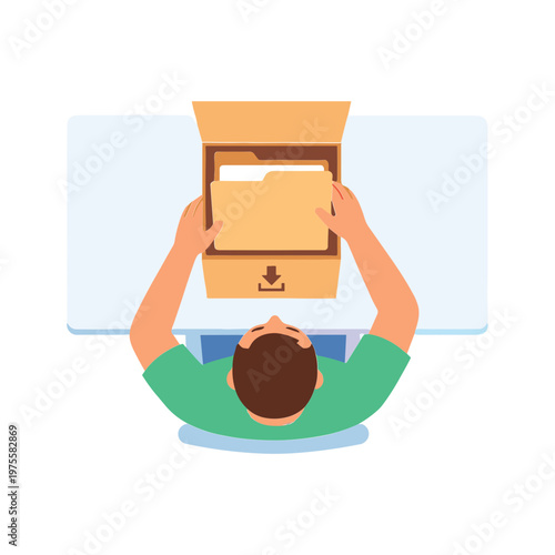 Man sitting at desk opening cardboard box with files