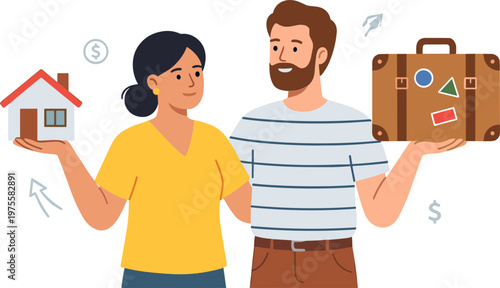 A man and woman decide on a house and travel with luggage.