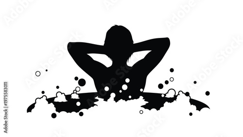 Relaxing person silhouette submerged in a bathtub filled with soapy bubbles and water foam effect
