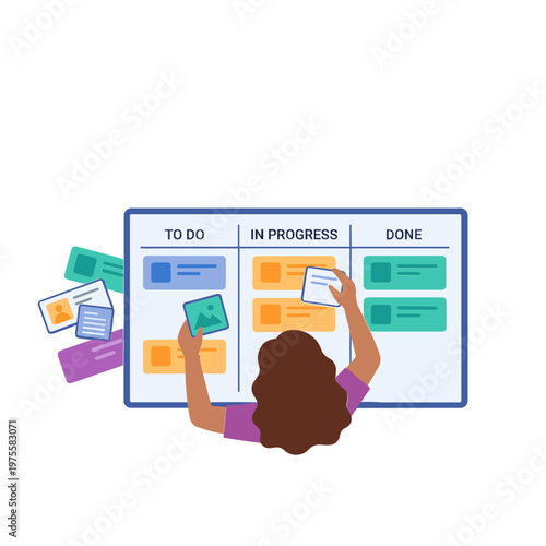 A woman organizes colorful sticky notes on a large board