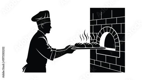 Silhouette of a baker placing a tray of fresh bread into a traditional brick oven