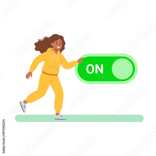 A woman activates a switch to turn on a large button.