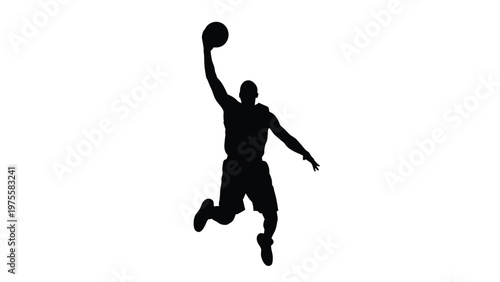 Silhouette of a basketball player jumping to perform a slam dunk isolated on white background