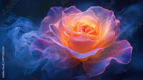 An illuminated rose with translucent petals is surrounded by blue, ethereal smoke. AI.