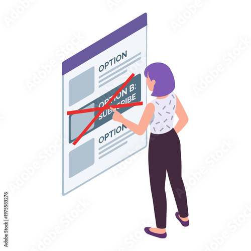A woman interacts with a large webpage mockup rejecting option B.
