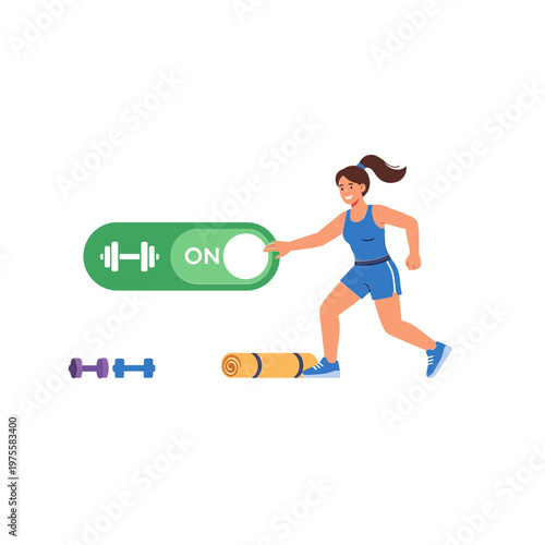 Woman turning on fitness switch with dumbbells and yoga mat nearby.