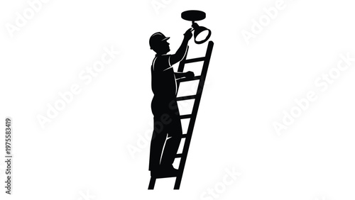 Silhouette of a construction worker standing on a ladder fixing a light fixture on ceiling