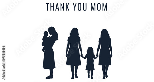 Motherhood silhouettes with child and daughters on white background during day