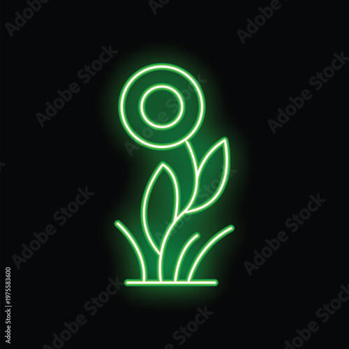 Green neon sign depicting a flower growing in grass, glowing brightly against a dark background