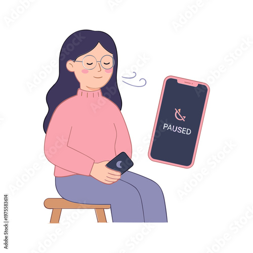 Woman sits on stool listening to paused music on smartphone.