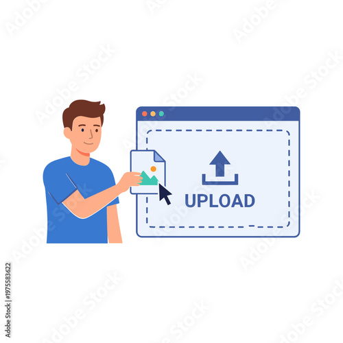 Man uploading file to computer screen with upload icon