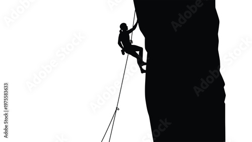 Silhouette of a female rock climber ascending a steep cliff face using safety ropes and equipment