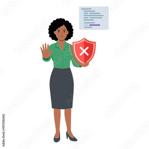 A woman holds up a shield with an X while stopping with her hand in a protective gesture.