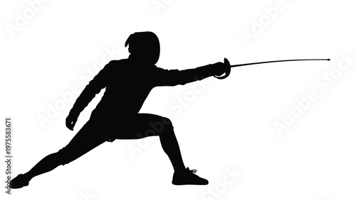 Silhouette of a fencer in lunge position holding a foil sword against a plain white background