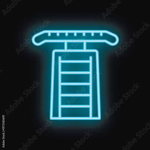 Blue neon sign illustrating a diving board with ladder on black background
