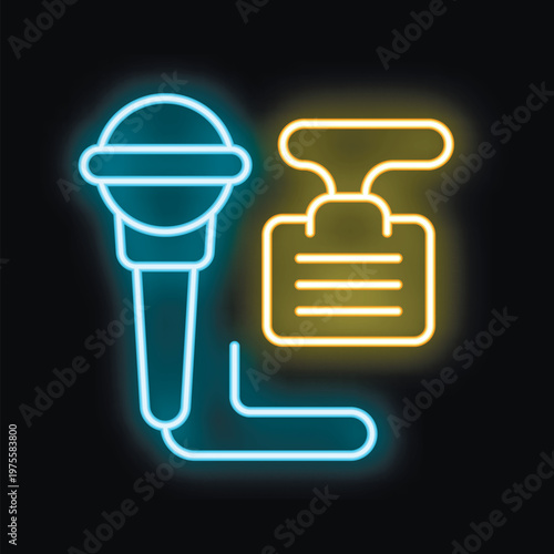Neon icon of a microphone with a speech bubble representing podcast recording, journalism, or singing