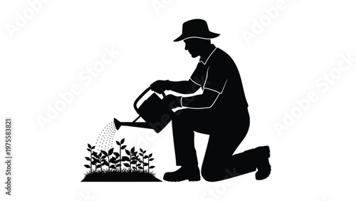 Silhouette of a gardener wearing a hat kneeling down and watering small plants in the garden