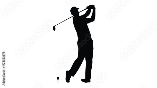Silhouette of a golfer swinging a club to hit a ball off a tee on a golf course isolated white