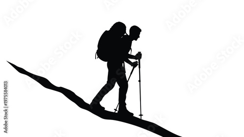 Silhouette of a hiker with backpack and trekking poles walking uphill on a mountain trail path