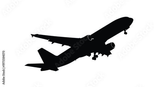 Silhouette of a large passenger airplane taking off into the sky with landing gear still extended