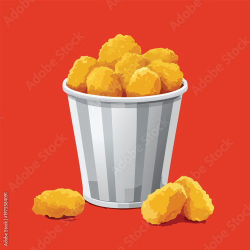 Bucket of golden fried food items on a vibrant red background illustration