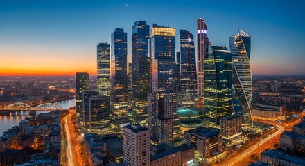 Stunning Night City Skyline with Modern Glass Skyscrapers