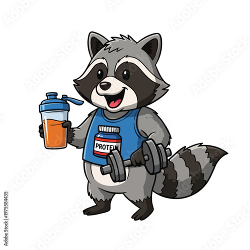 Raccoon fitness mascot with protein shake and dumbbells