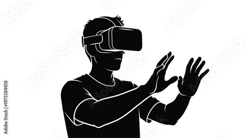 Silhouette of a man wearing virtual reality headset interacting with digital in air space