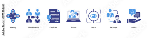 Team Collaboration web banner icon vector illustration featuring Meeting, Teleconference, Certificate, Teacher, Focus, Exchange, and Advice for workplace productivity.