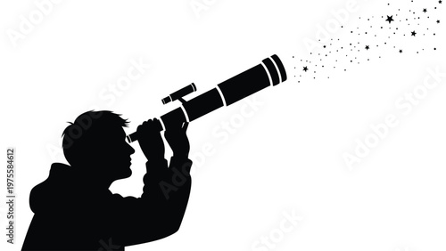 Silhouette of a person looking through a telescope at a cluster of stars in the night sky view