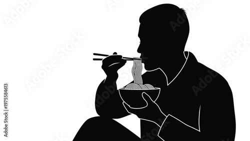 Silhouette of a person eating noodles from a bowl using traditional wooden chopsticks at home
