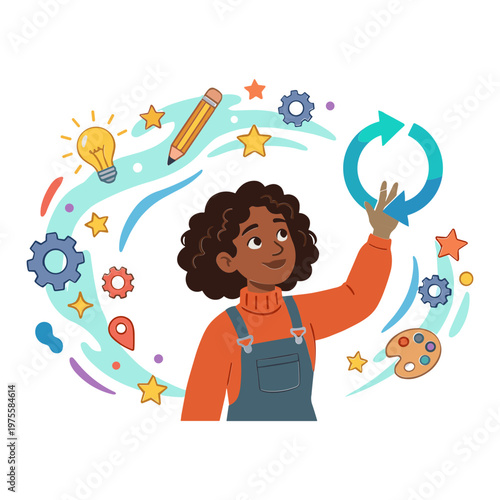 A young girl creates art with colorful tools and symbols surrounding her.