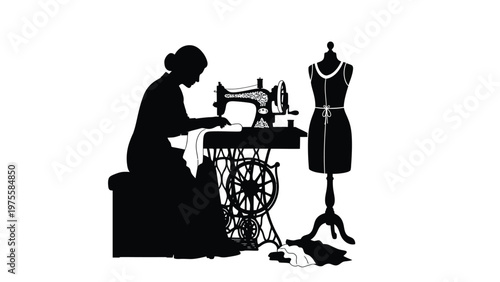 Silhouette of a seamstress working at a vintage sewing machine with a dress form mannequin