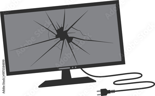Broken computer monitor with cracked screen and power cable damage illustration