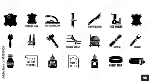 A set of black and white vector icons depicting various leatherworking tools and techniques