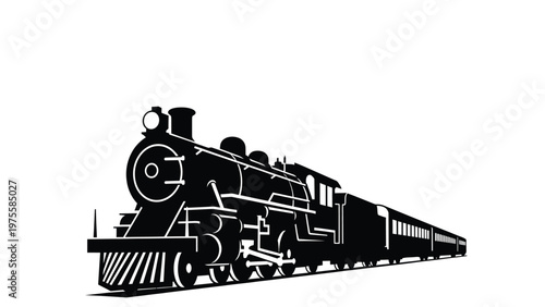Silhouette of a vintage steam locomotive train engine pulling passenger carriages on tracks